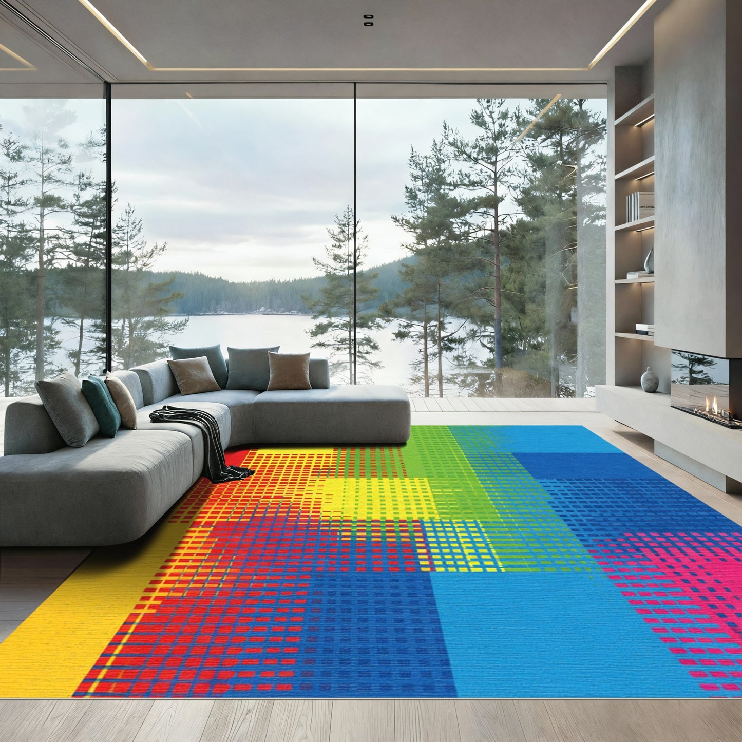 Vibrant Abstract Color Block Grid Rug
