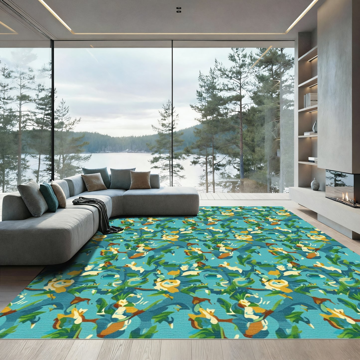 Turquoise Floral Vines Abstract Rug