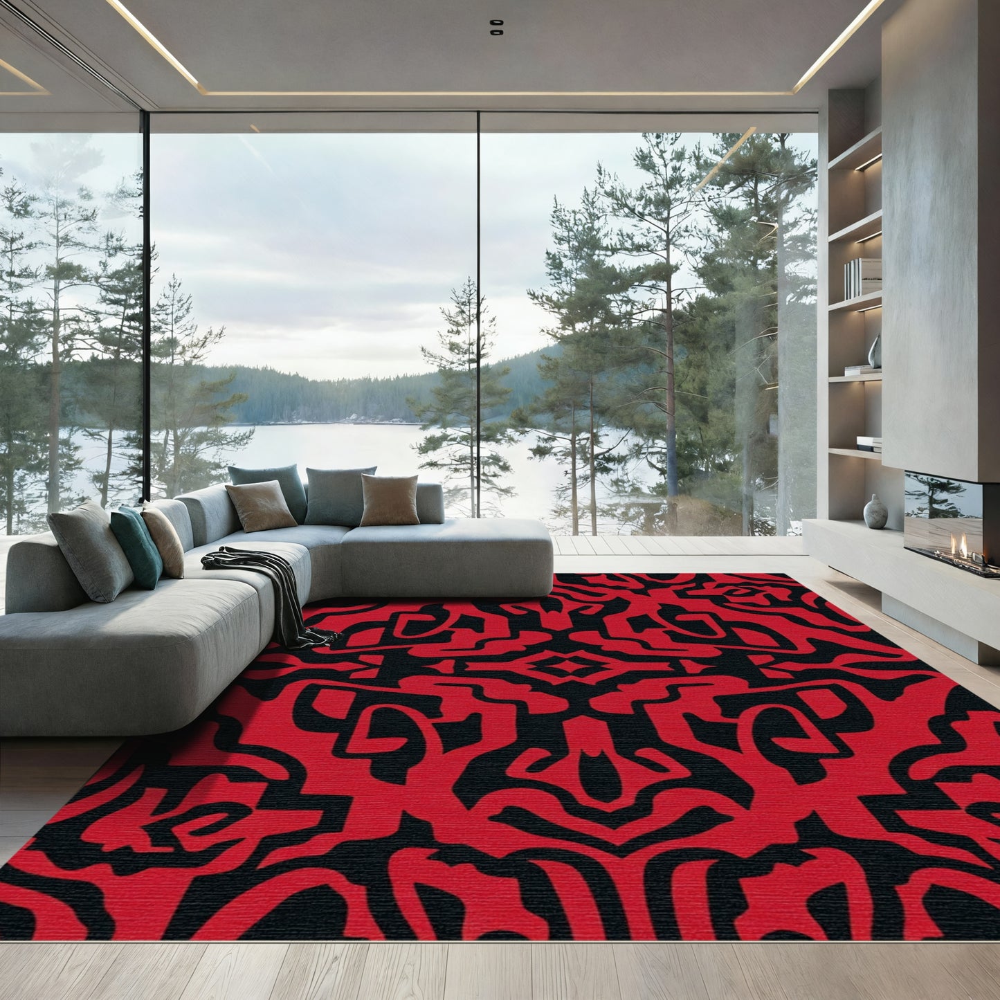 Bold Red Abstract Symmetry Rug