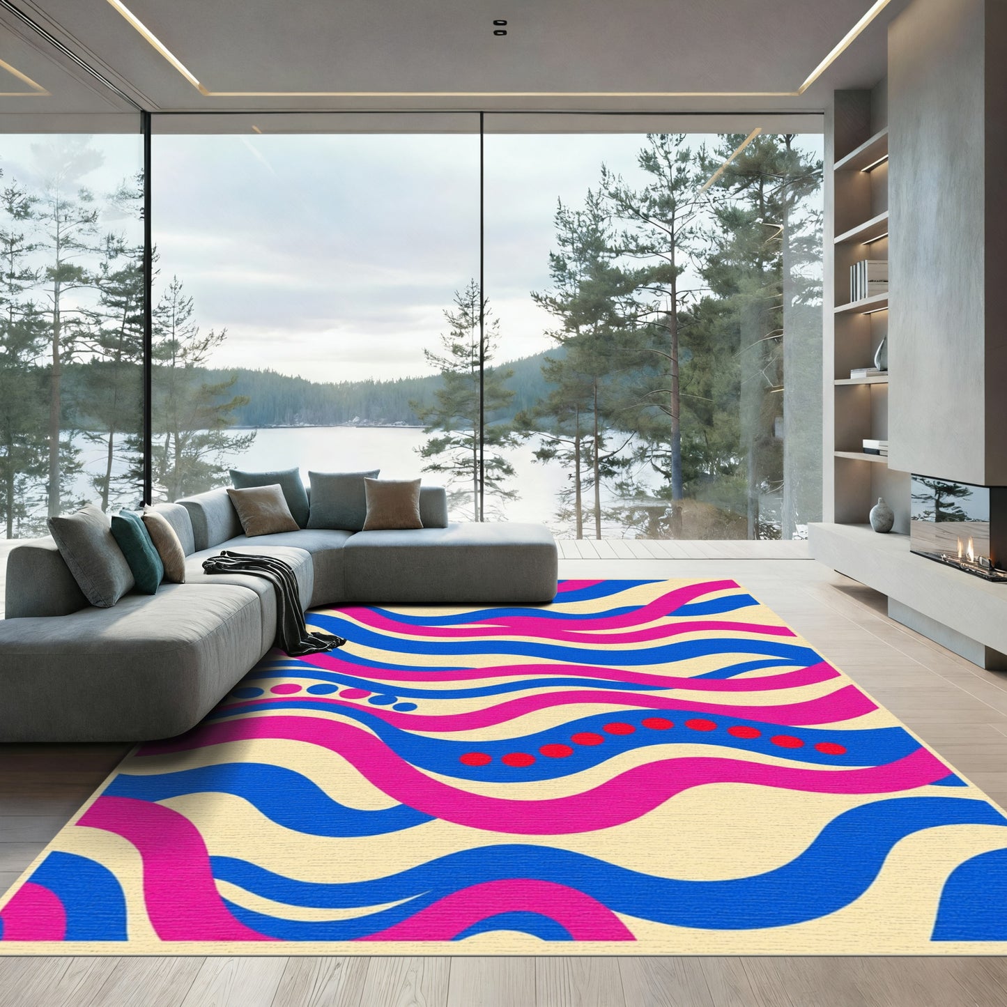 Retro Blue Pink Wave Dot Rug