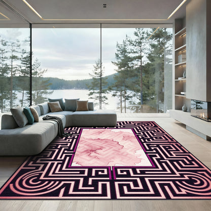 Crimson Maze Abstract Border Rug
