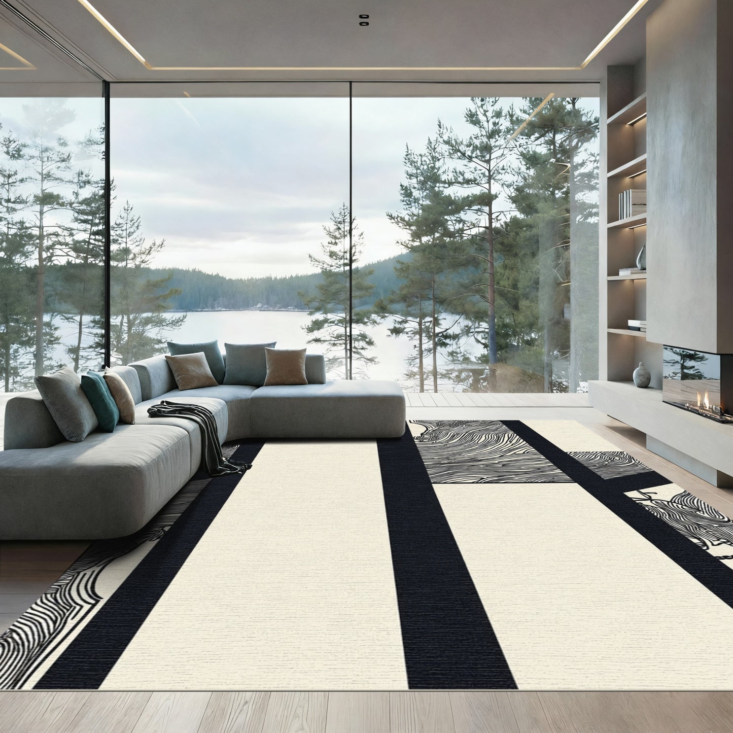 Bold Black Cream Abstract Art Rug