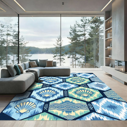 Coastal Blue Shell Geometric Hexagon Rug
