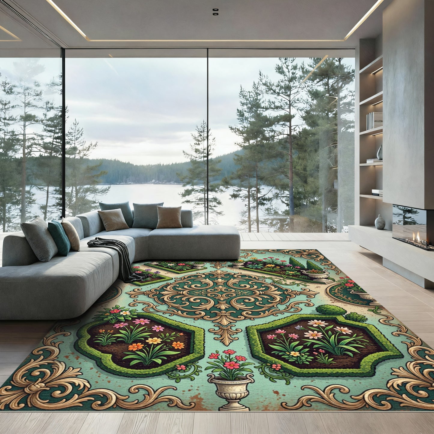 Elegant Sage Botanical Filigree Garden Rug