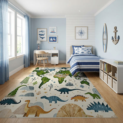 Whimsical Dinosaur World Map Rug