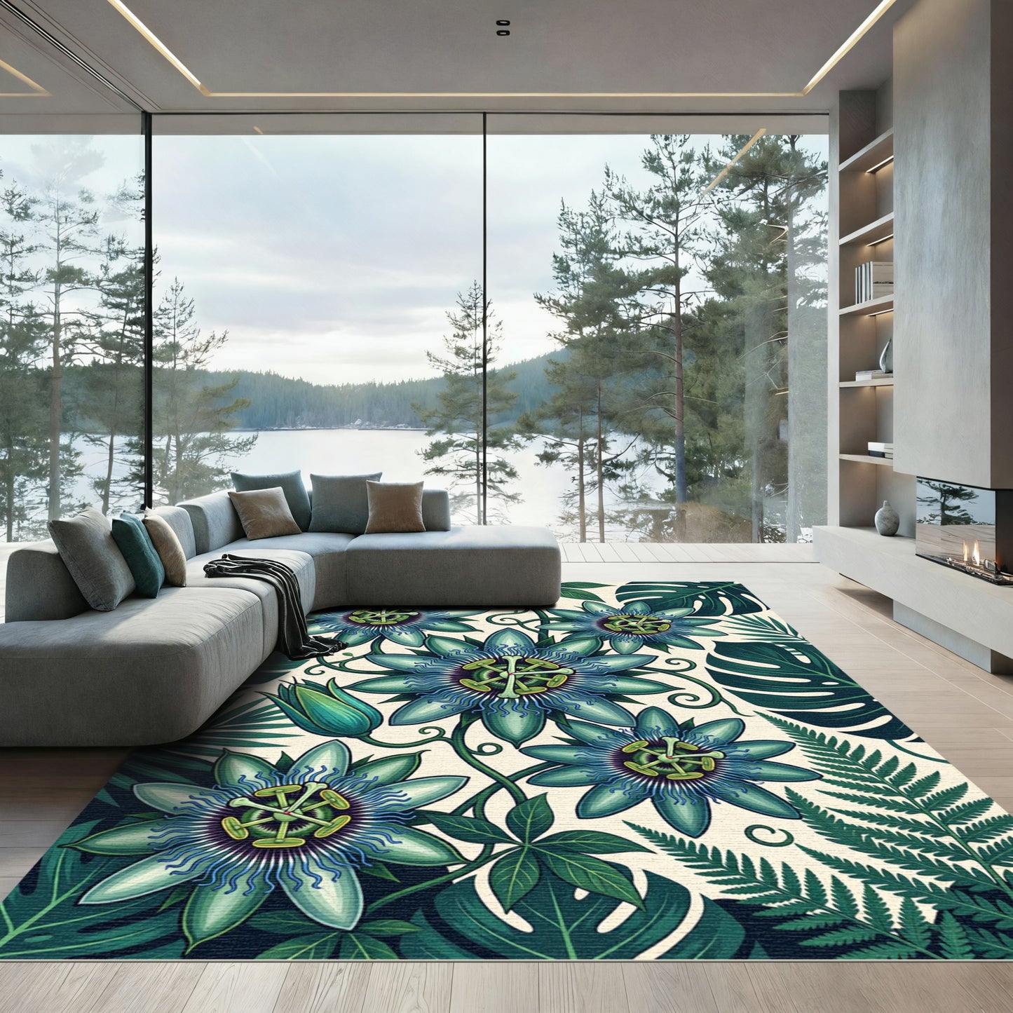 Vibrant Blue Star Flower Foliage Rug