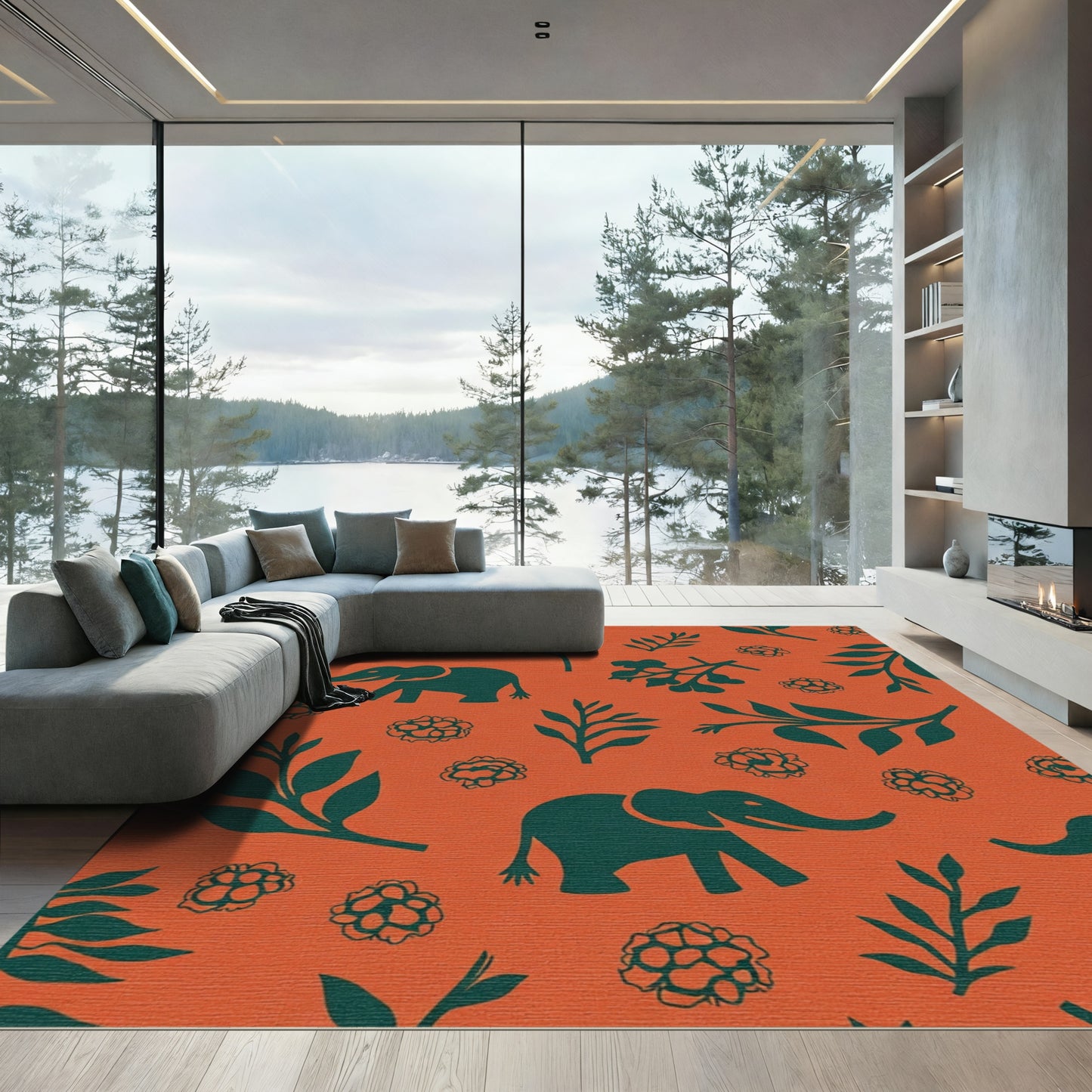 Terracotta Teal Elephant Floral Meadow Rug