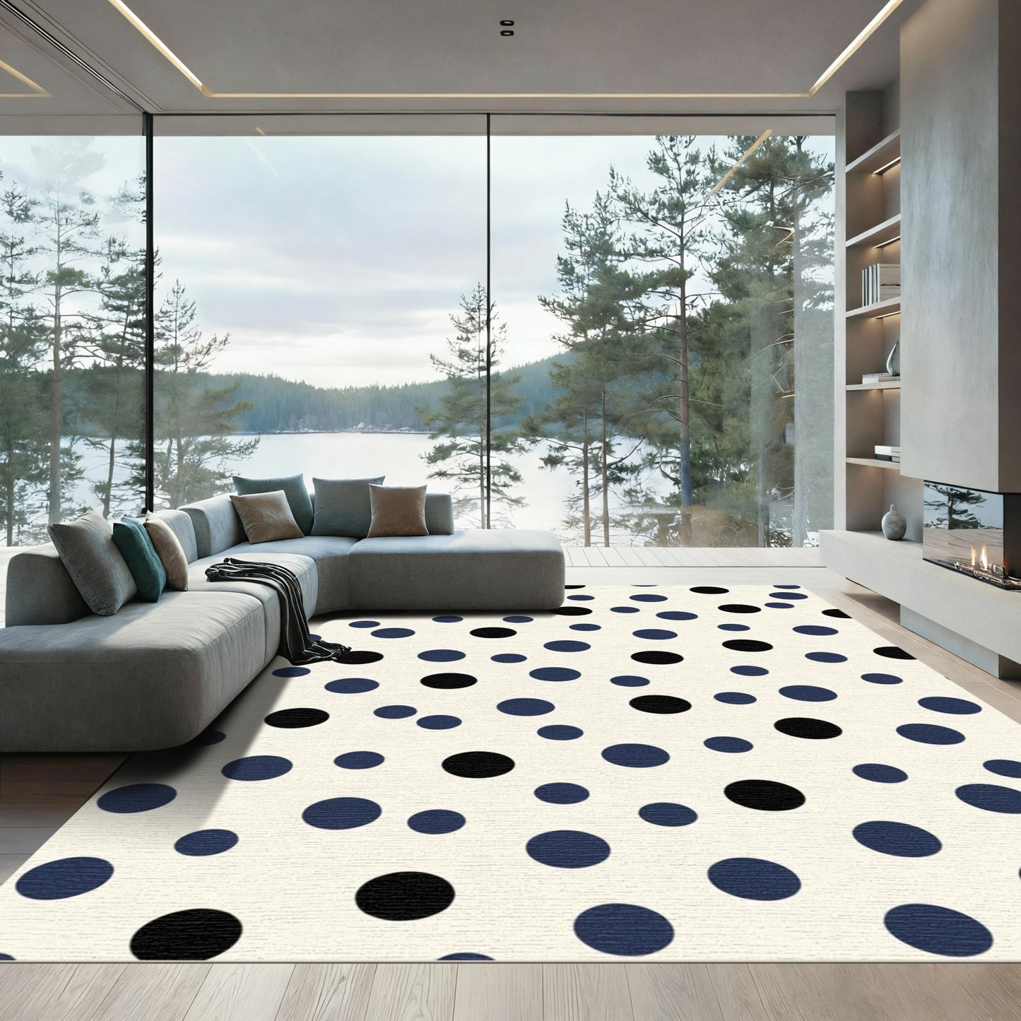 Navy Black Scattered Polka Dot Rug
