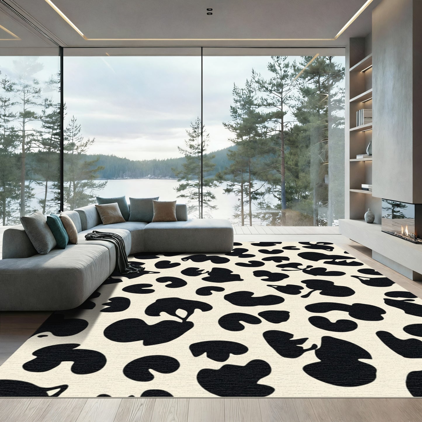 Black Cream Blobs Abstract Rug