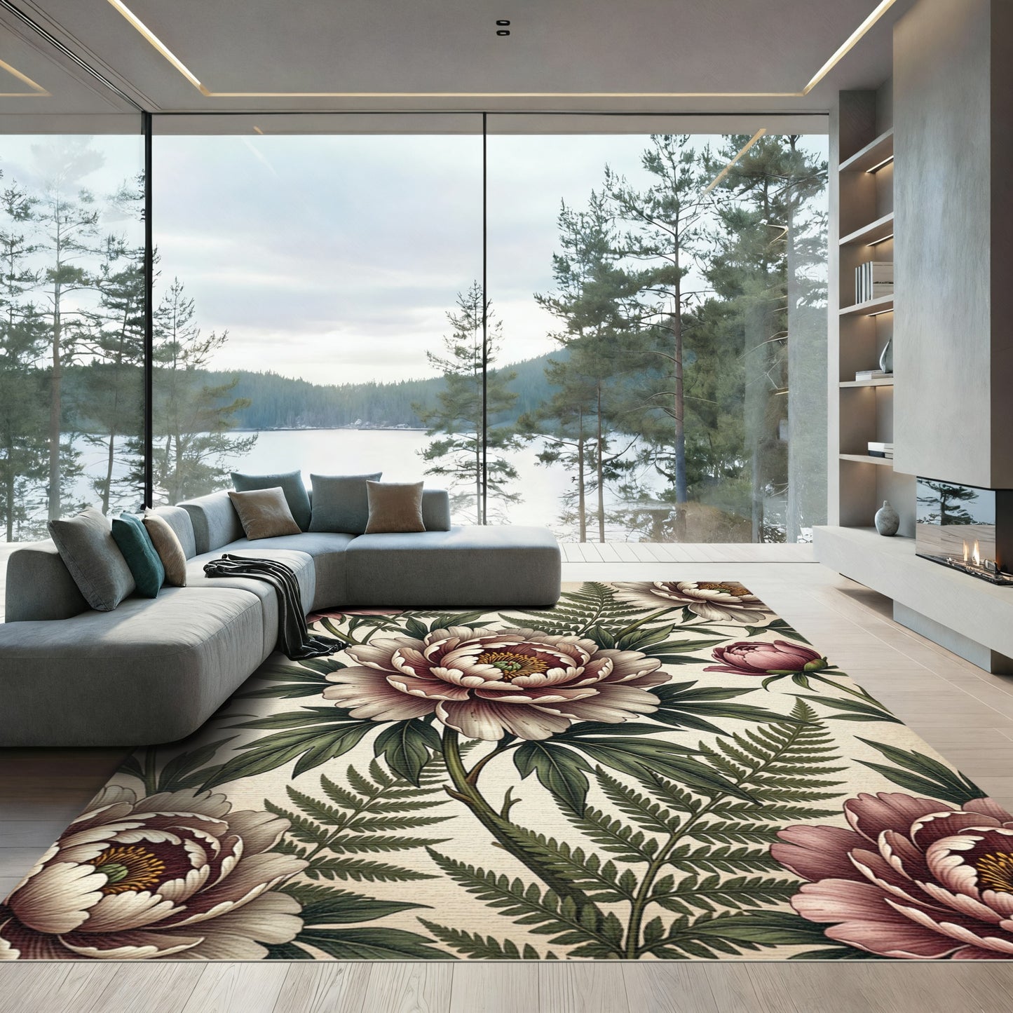 Vintage Botanical Peony Fern Illustration Rug