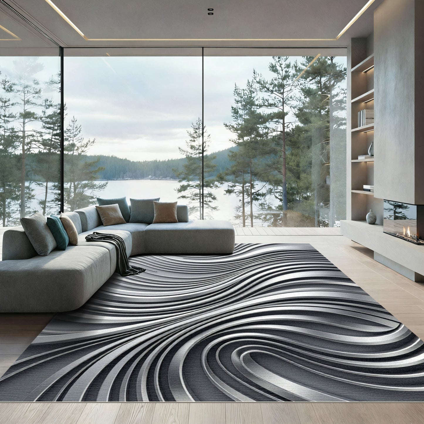 Modern Silver Metallic Flowing Abstract Swirl Rug