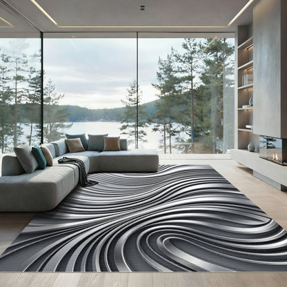 Modern Silver Metallic Flowing Abstract Swirl Rug