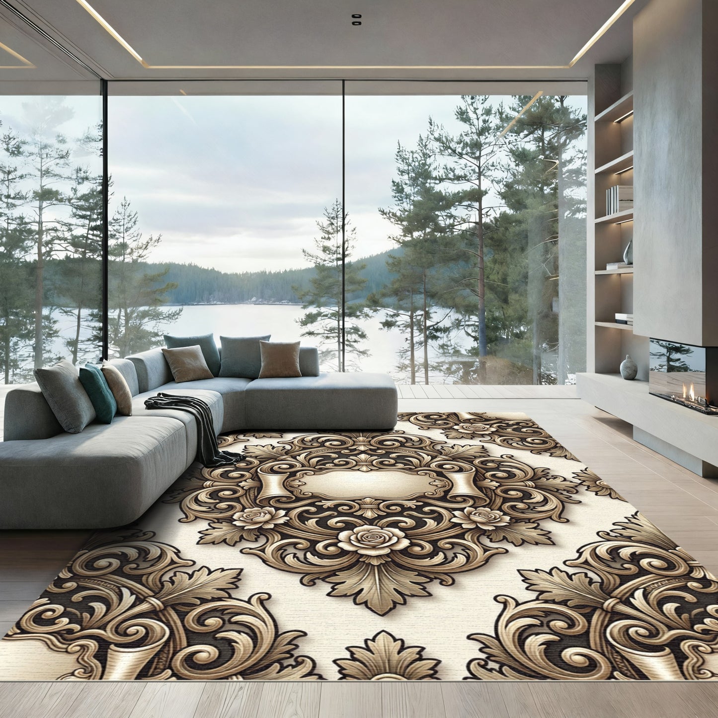 Antique Gold Scrollwork Floral Oval Rug