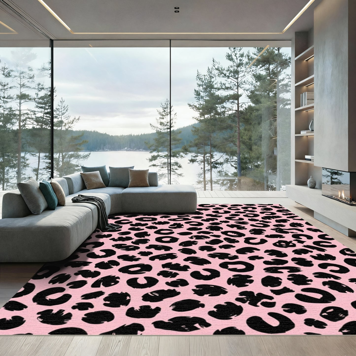 Pink Black Spots Animal Print Rug