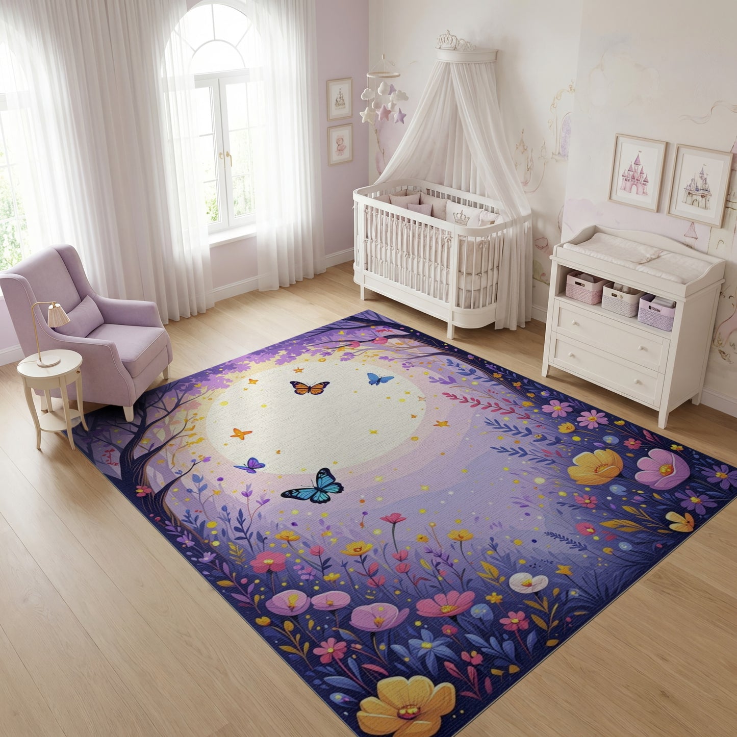 Whimsical Purple Forest Moon Butterflies Rug