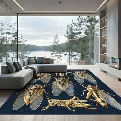 Golden Entomological Cicada Insect Grid Rug
