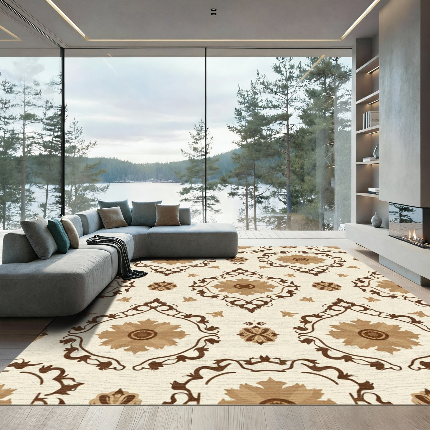 Brown Floral Medallion Damask Rug