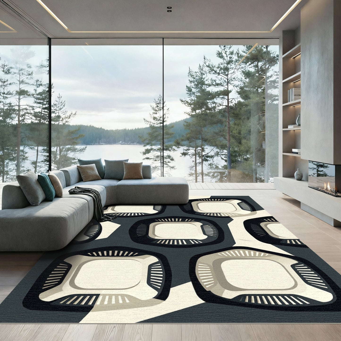 Modern Monochrome Abstract Geometric Square Art Rug