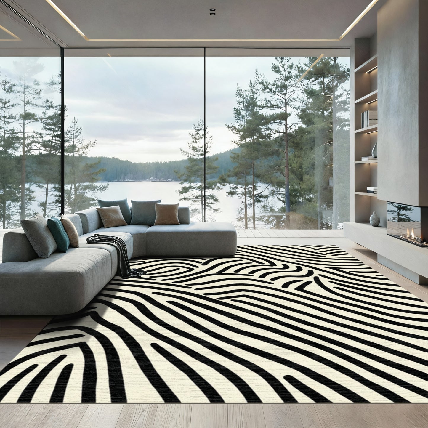 Cream Black Organic Wave Lines Rug
