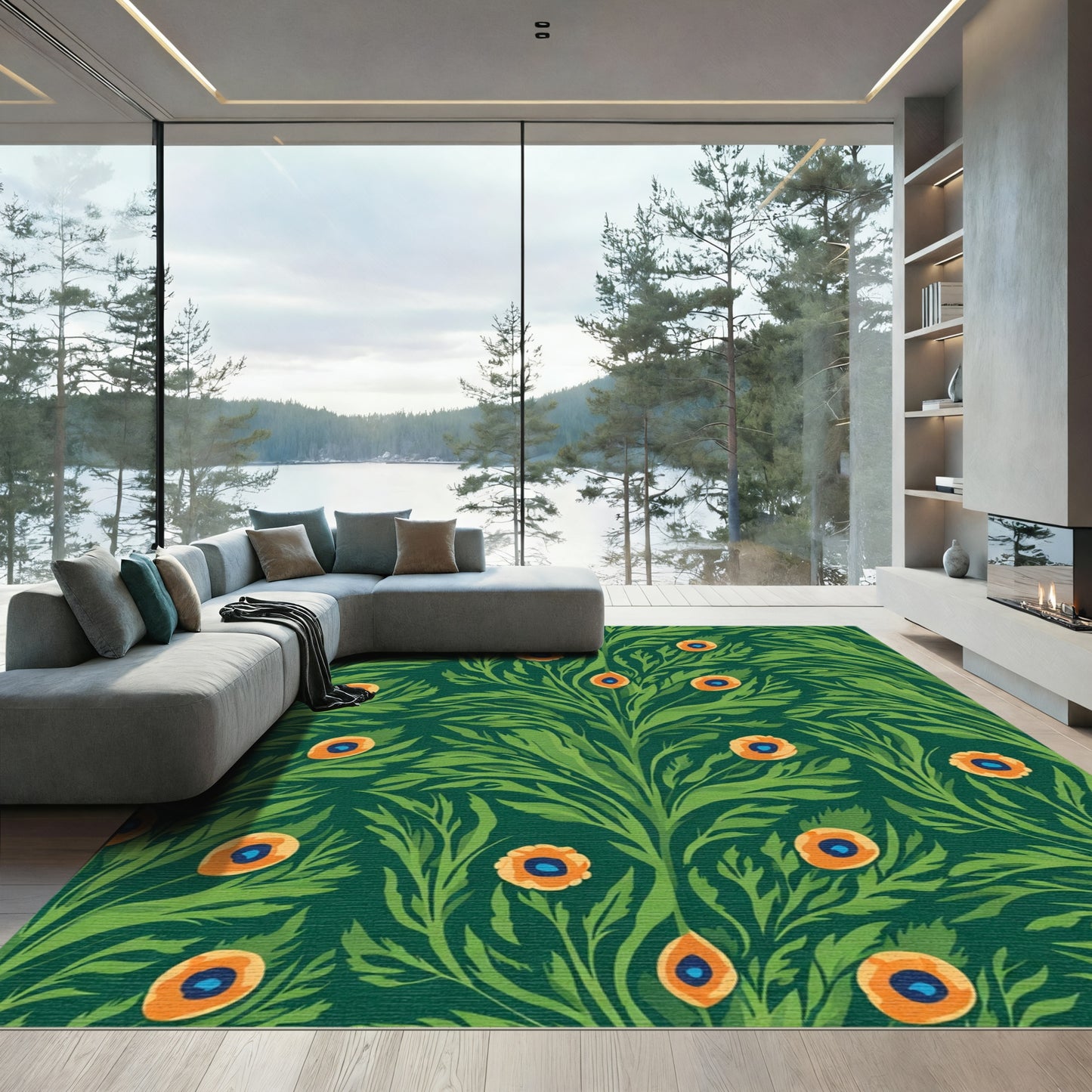 Emerald Green Peacock Feather Bloom Rug
