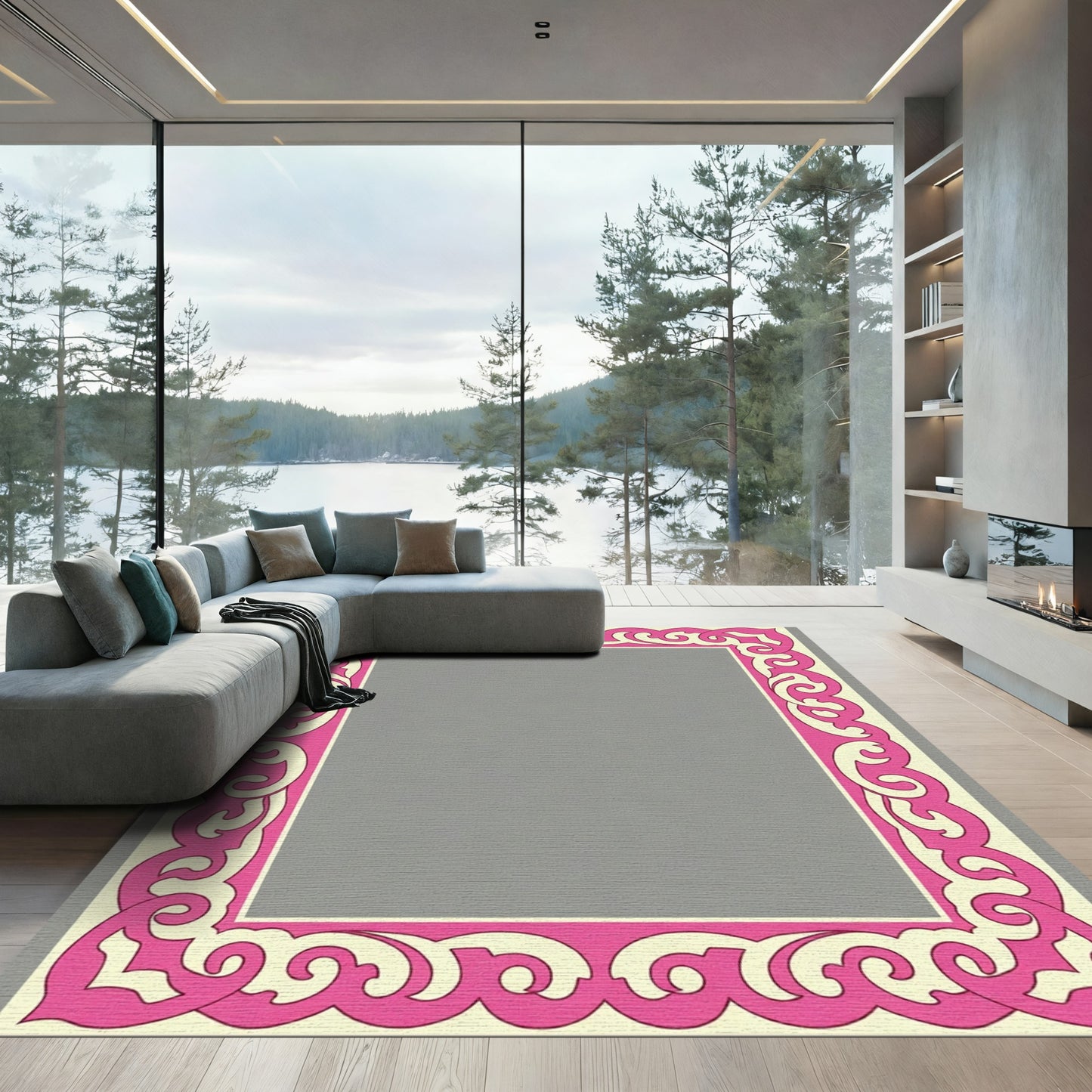 Ornate Pink Ivory Scrollwork Frame Rug
