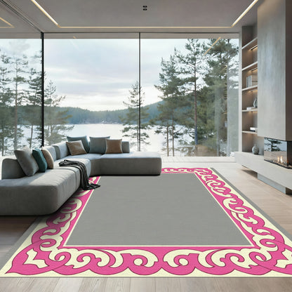 Ornate Pink Ivory Scrollwork Frame Rug