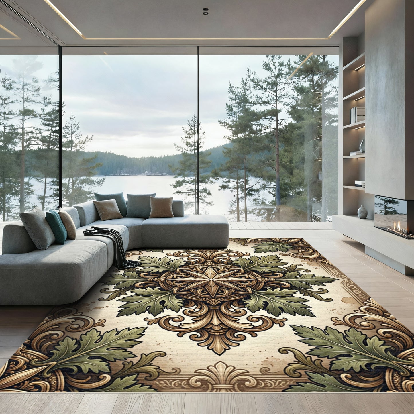 Ornate Gold Green Leaf Medallion Rug