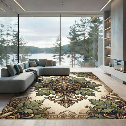 Ornate Gold Green Leaf Medallion Rug