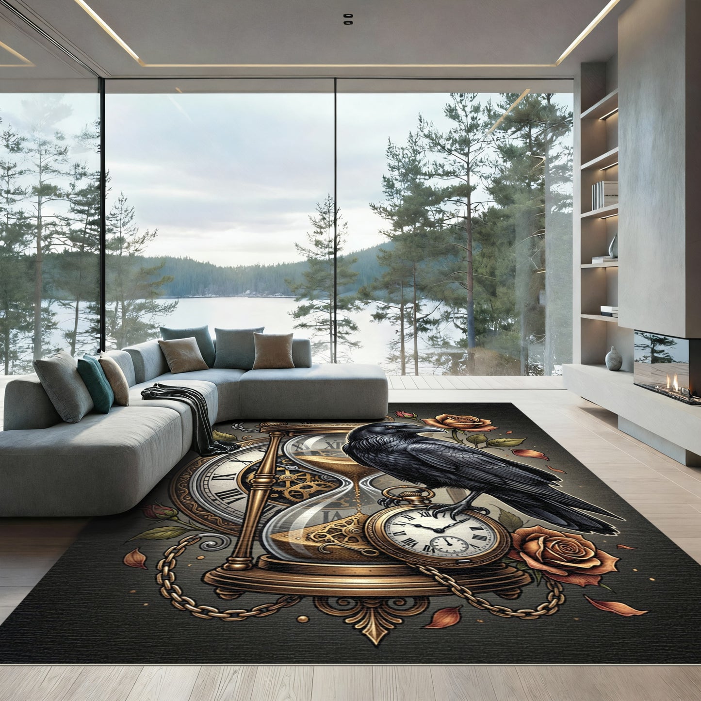 Gothic Raven Hourglass Golden Floral Art Rug