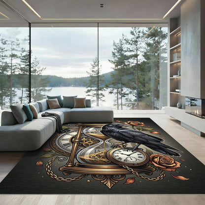 Gothic Raven Hourglass Golden Floral Art Rug