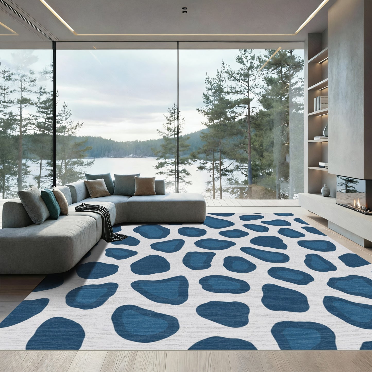 Classic Blue Abstract Organic Shapes Rug