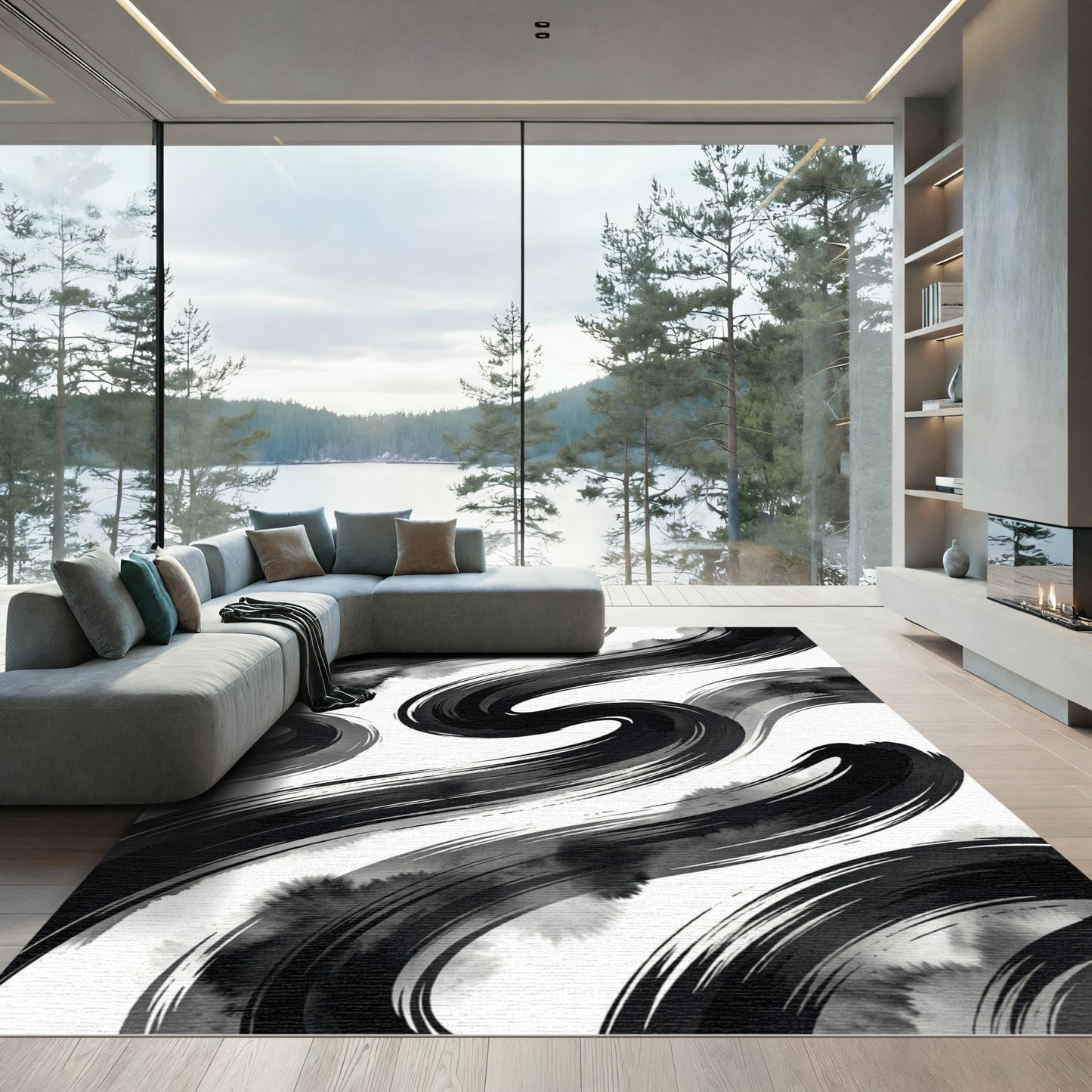 Minimalist Black Ink Swirl Abstract Rug