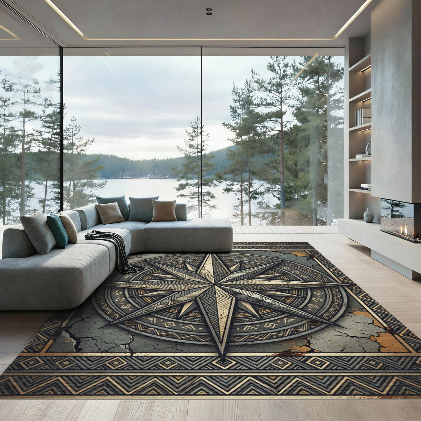 Metallic Compass Star Geometric Emblem Rug