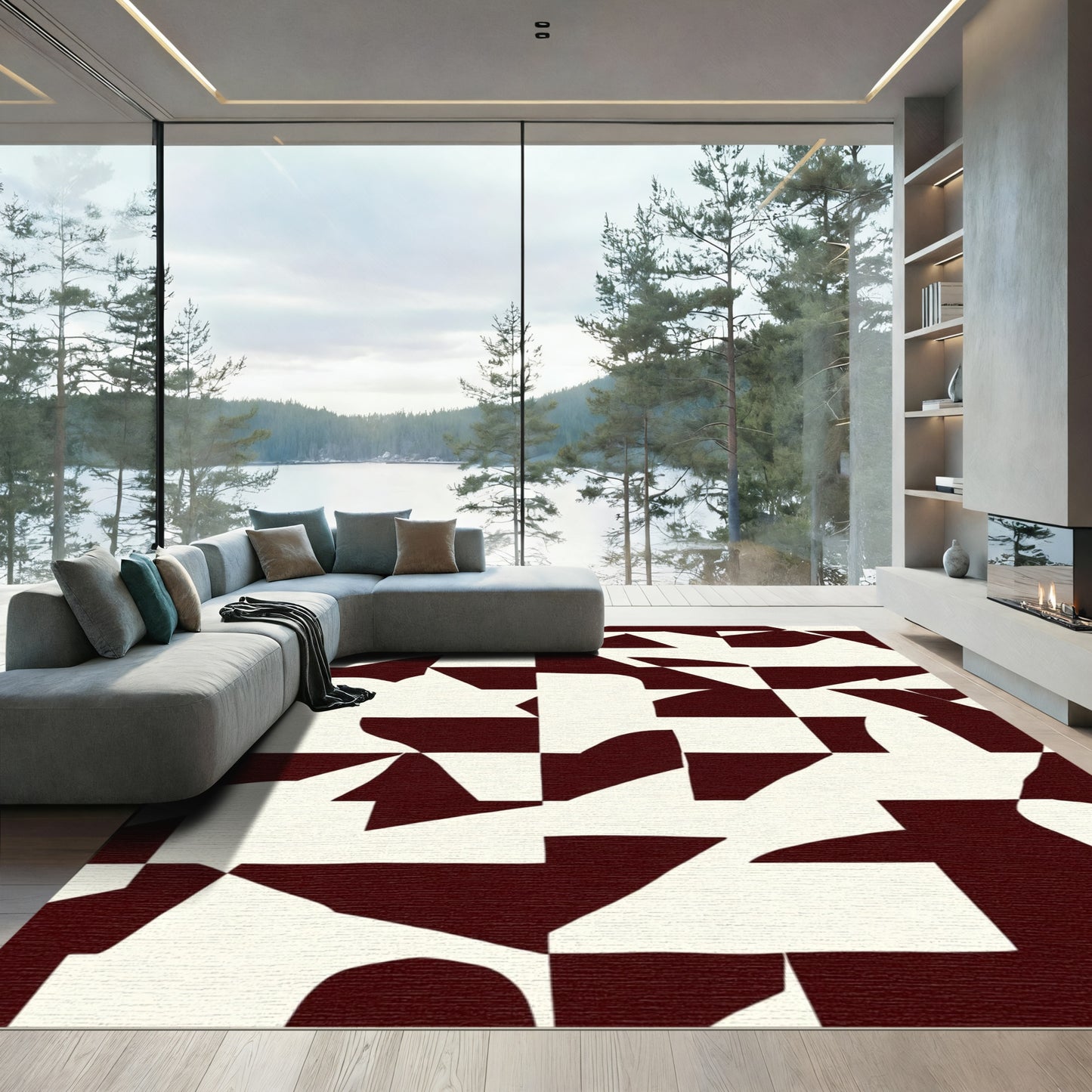 Deep Crimson Abstract Geometric Patchwork Rug