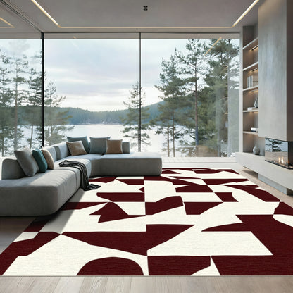 Deep Crimson Abstract Geometric Patchwork Rug