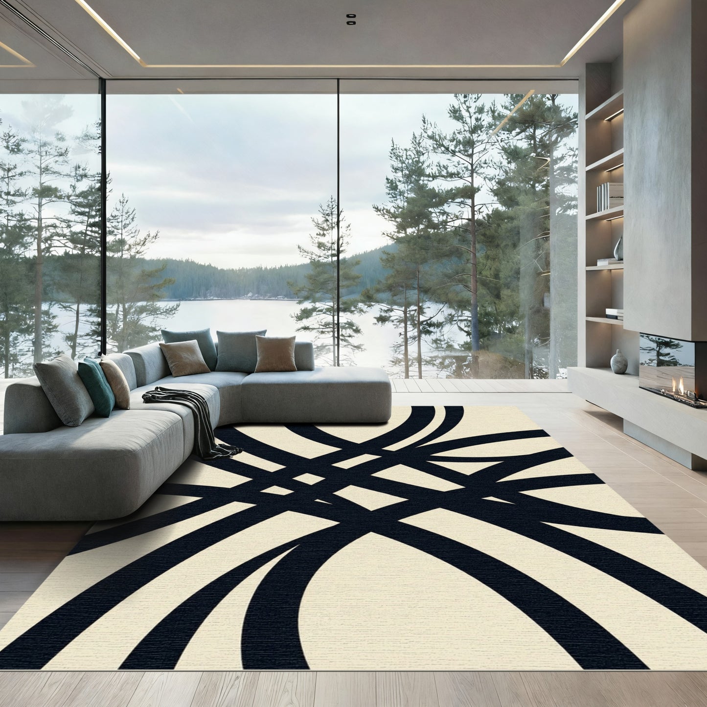 Minimalist Black and Cream Intertwining Lines Rug