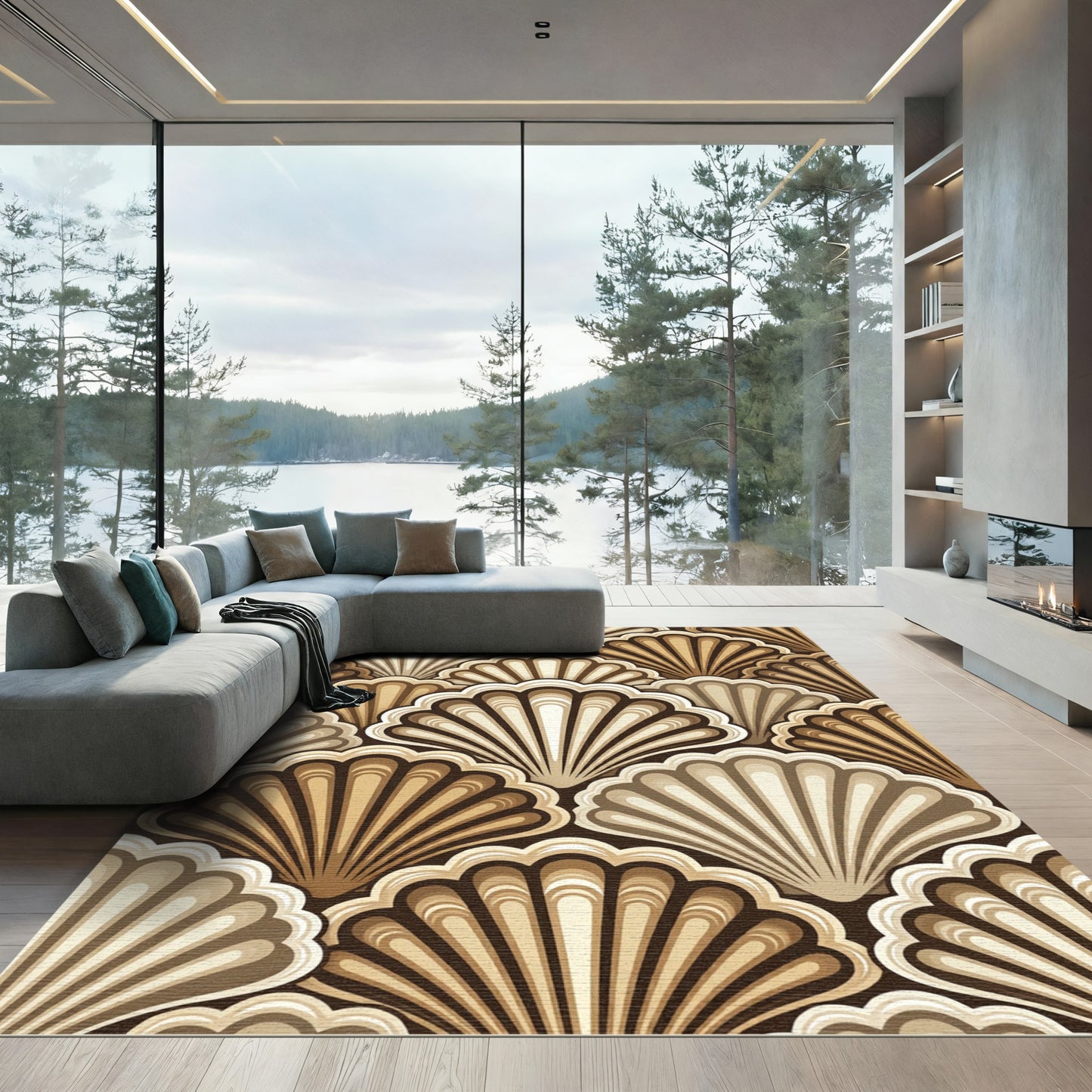 Elegant Golden Scallop Shell Art Deco Rug