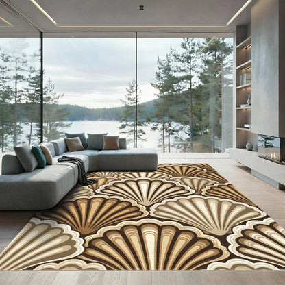 Elegant Golden Scallop Shell Art Deco Rug