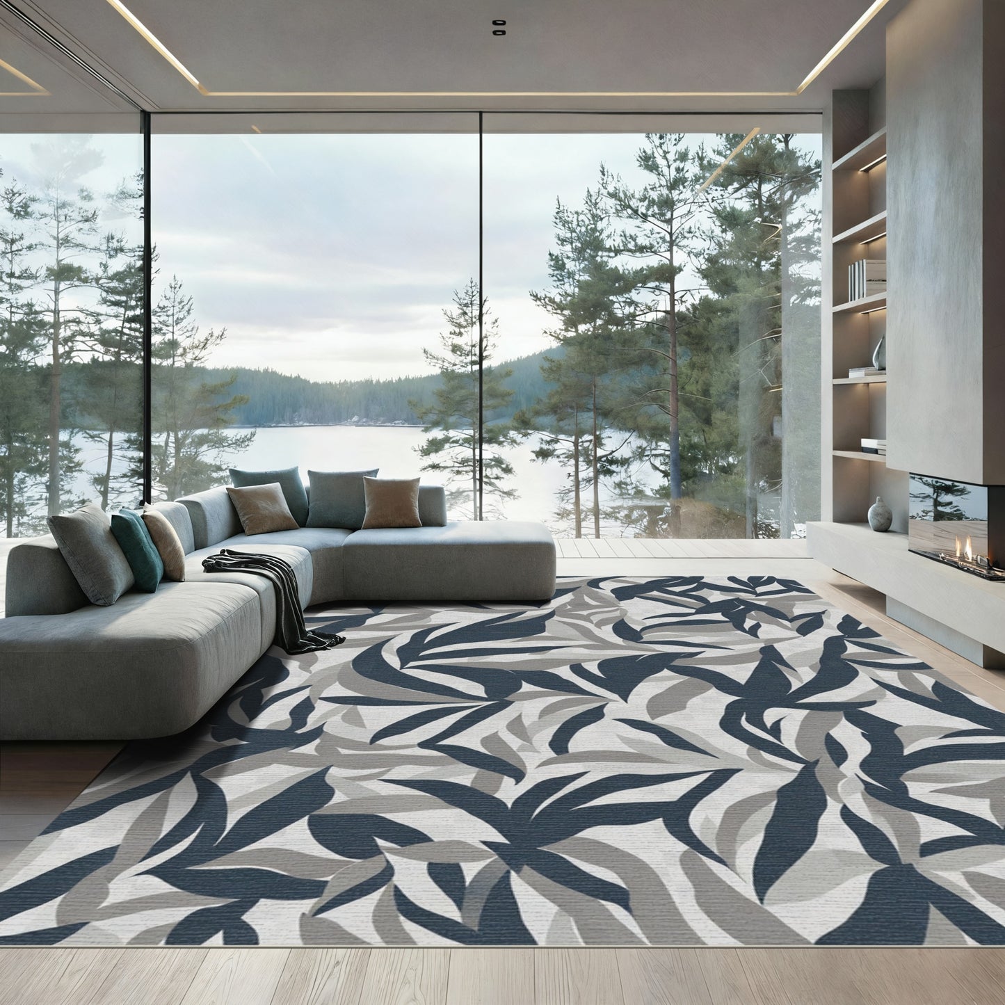 Navy Gray Leafy Abstract Cover Rug