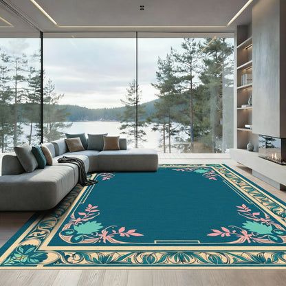 Art Nouveau Teal Floral Border Rug