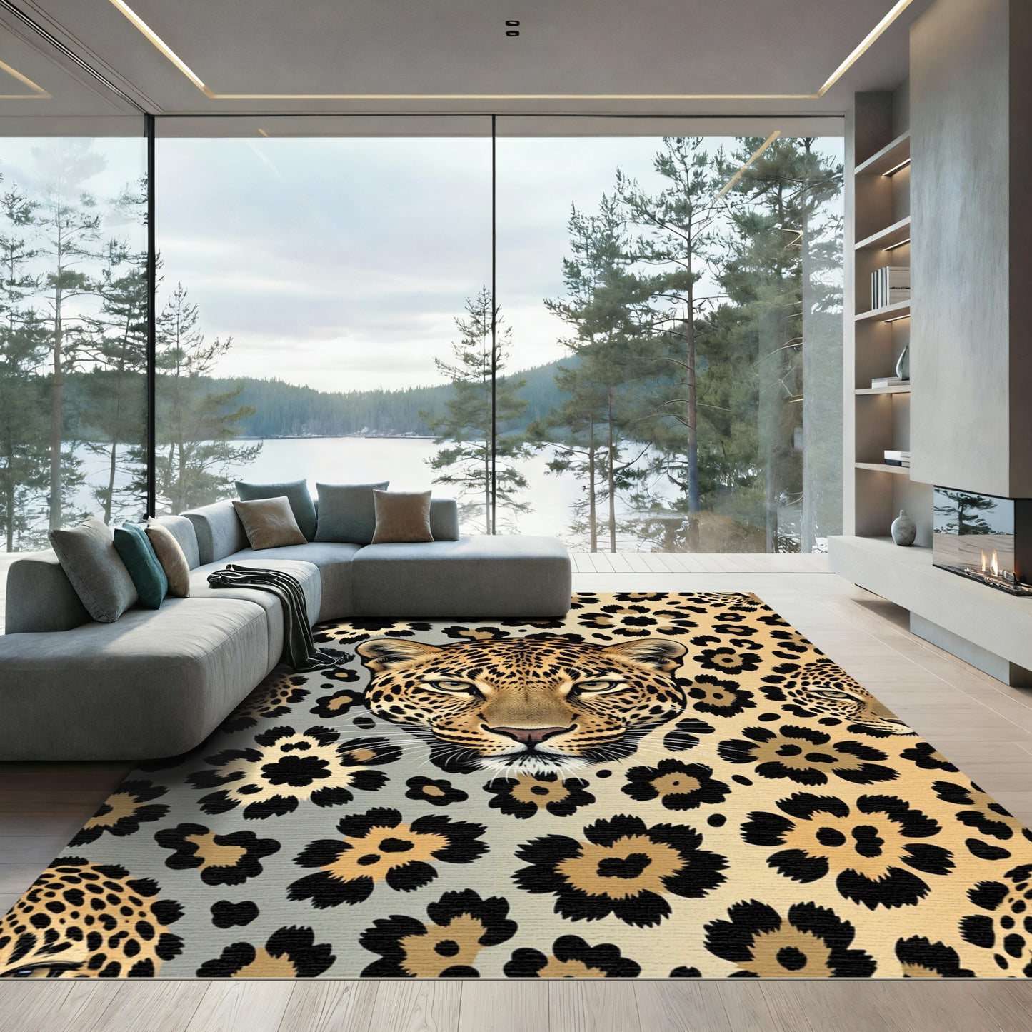 Golden Leopard Face Floral Collage Rug