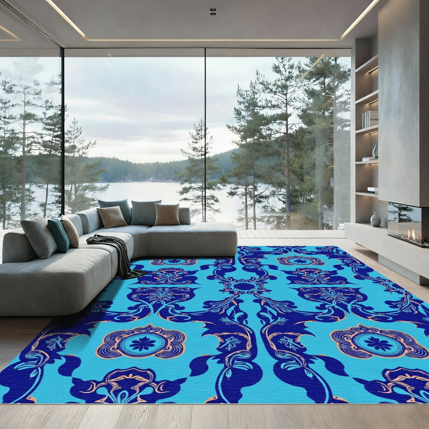 Navy Blue Coral Scrollwork Medallion Rug