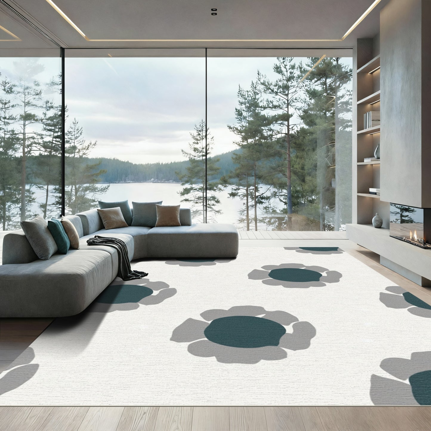 Teal Gray Floral Medallion Rug