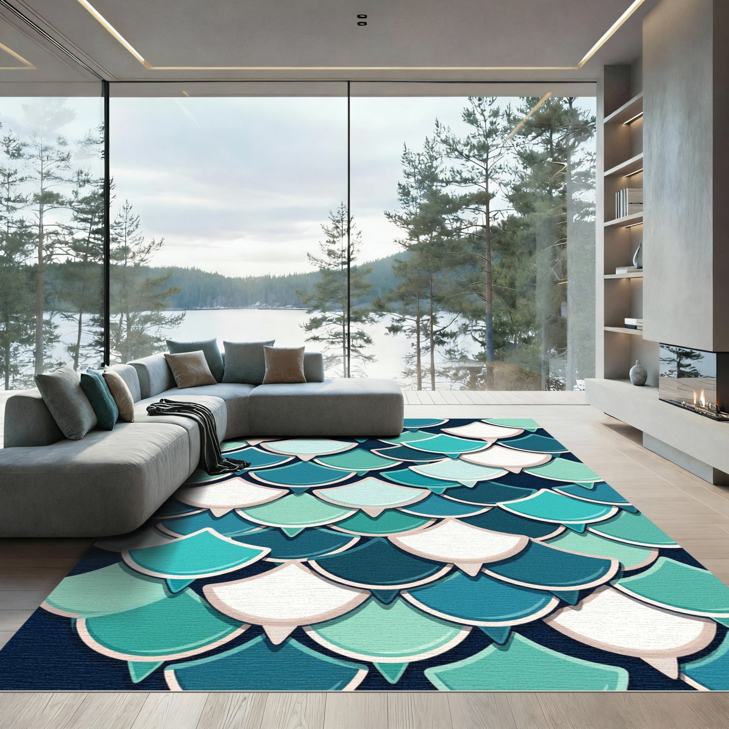 Teal and White Mermaid Scale Wave Rug