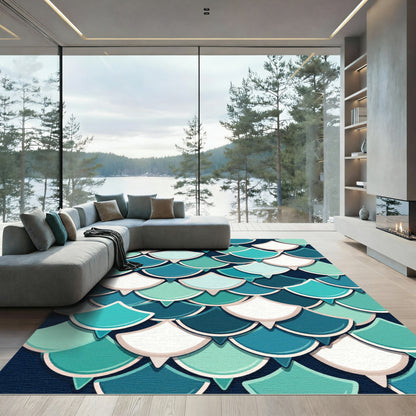 Teal and White Mermaid Scale Wave Rug