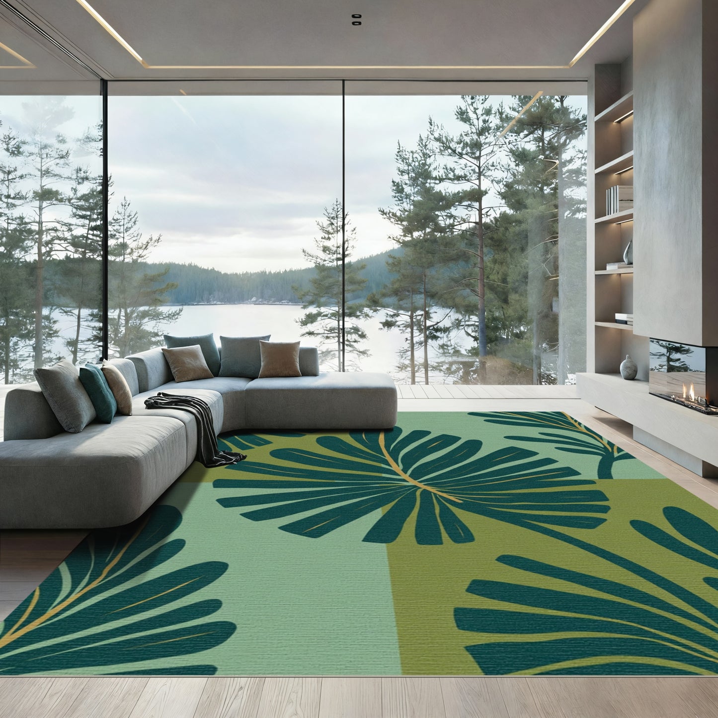 Deep Teal Botanical Leaf Block Print Rug