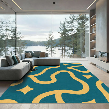 Teal and Yellow Abstract Organic Flow Rug