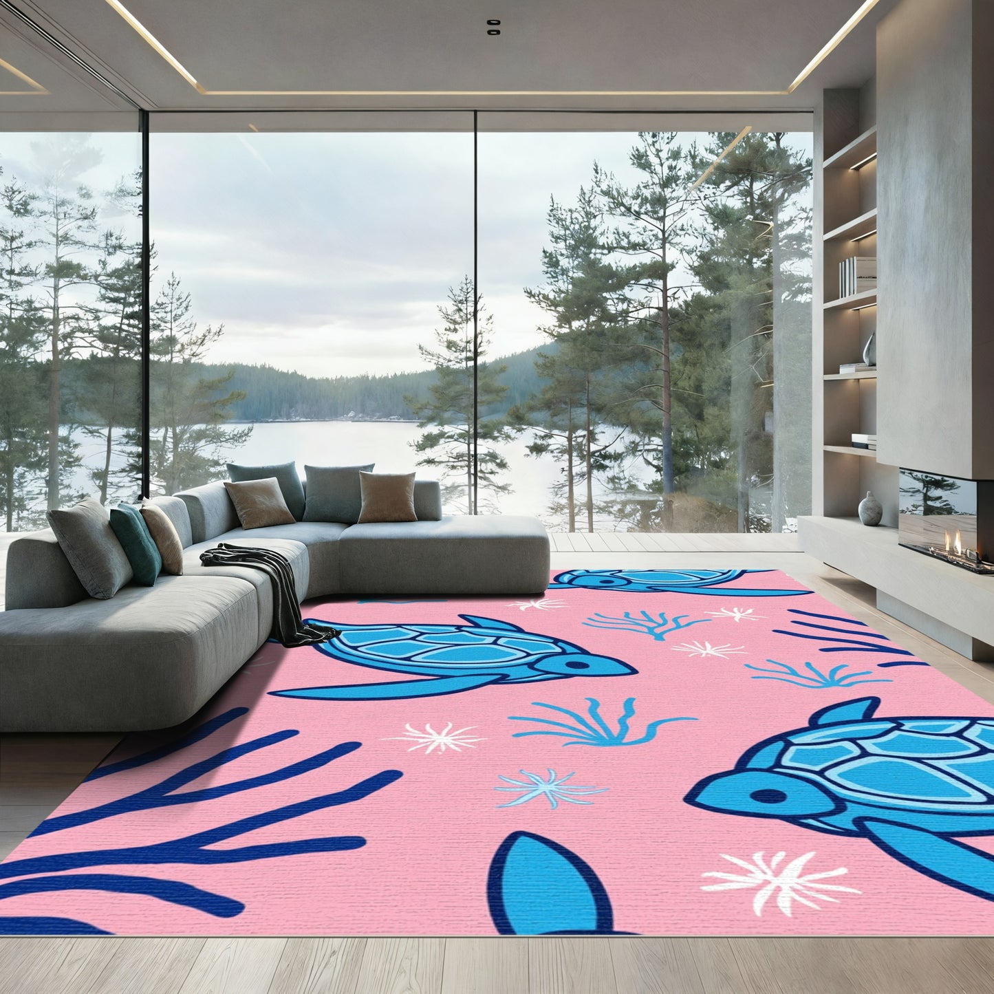 Marine Blue Sea Turtle Pink Coral Rug
