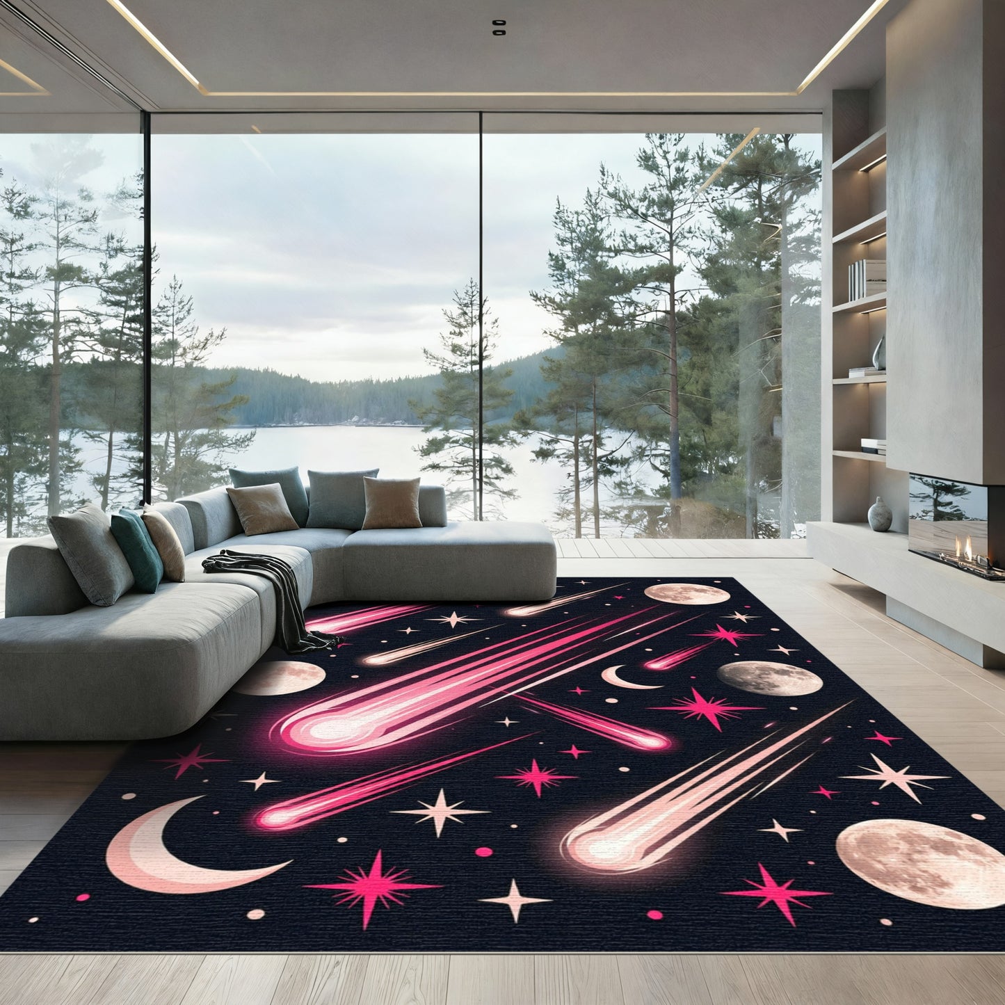 Pink Comet And Crescent Moon Sky Rug