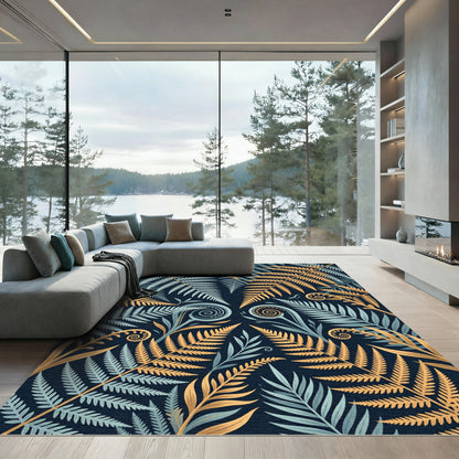 Golden Blue Fern Frond Garden Rug